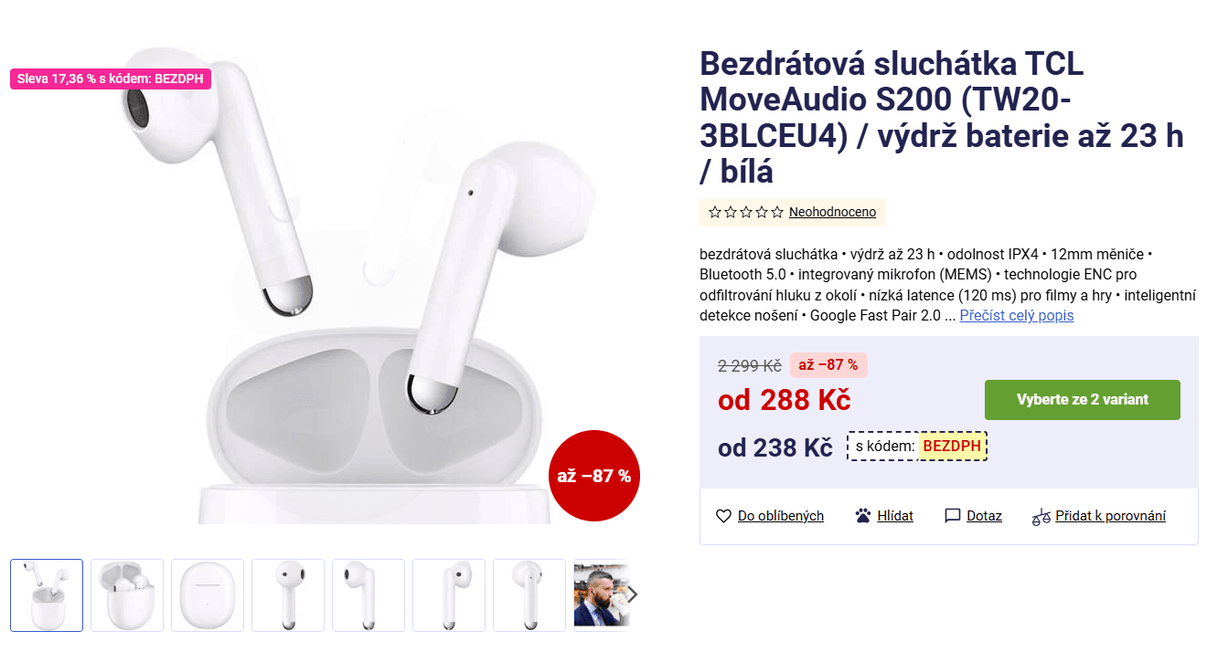 BT sluchátka TCL 23 hodin, handsfree