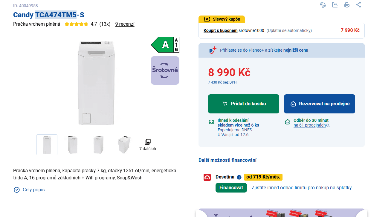 Pračka Candy 7kg, 1400ot., pára, chytrá